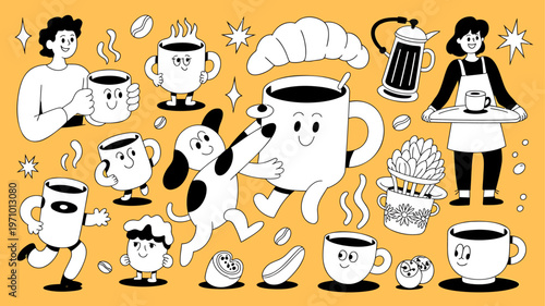 A playful digital illustration featuring cartoon coffee cups, croissants, and happy characters in a lively scene, perfect for marketing, advertising, or lifestyle concepts.