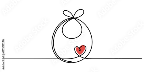 A minimalist single line drawing illustration of a baby bib featuring a small red heart accent Vector, illustration