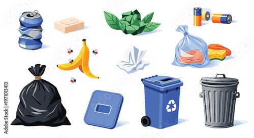 Illustration of various waste items and recycling bins for proper disposal