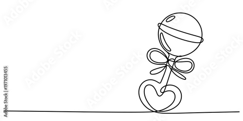 A single continuous line drawing of a baby rattle with a heart shape and a decorative ribbon bow Vector, illustration