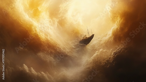 A grand ship glides gracefully through radiant golden clouds, illuminated by the soft glow of dawn. The scene captures a sense of adventure and wonder in a dreamy atmosphere