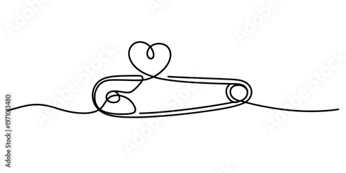 Minimalist continuous line drawing of a simple safety pin with a small heart shape on the top side Vector, illustration