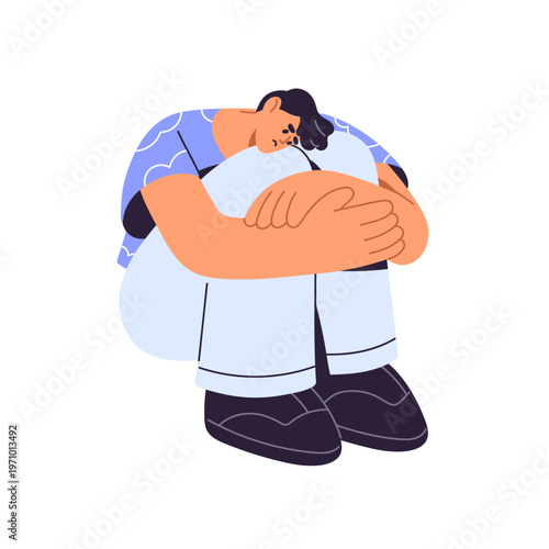 Sad person with mental disorder sits and hugs his legs. Upset man with psychological problem cuddles knees. Depressed character with stress, sorrow, grief. Flat isolated vector illustration on white