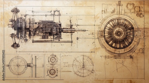 Intricate blueprints showcase the mechanical components of an engine, highlighting the blend of creativity and technical skill. This artwork pays homage to the fascinating world of engineering
