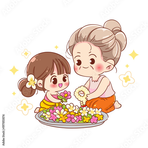 Songkran festival grandmother and granddaughter with jasmine garland flowers tray for Thai New Year celebration vector