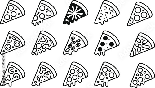Pizza slices icon set featuring various toppings like pepperoni mushroom and olive in flat vector line art style for digital menu and delivery apps