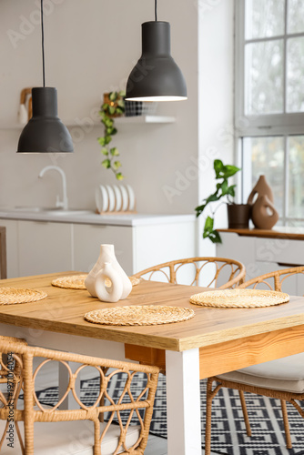 Wooden table with wicker ma...