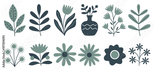 Collection of stylized floral and leaf in muted green and dark blue