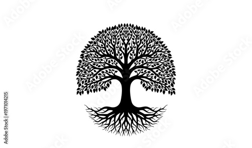 Tree of life silhouette with symmetrical roots and branches circular tattoo style vector design