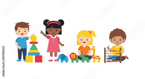 Four diverse and happy young children are shown playing together with a variety of colorful educational toys including blocks and animals.