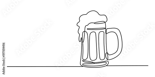 A minimalist single line drawing of a frothy beer mug isolated on a clean white background area. Vector, illustration