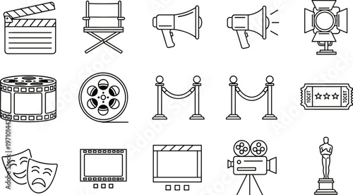 Cinema and film production icon set featuring camera director chair clapperboard reel ticket spotlight vector illustration collection design