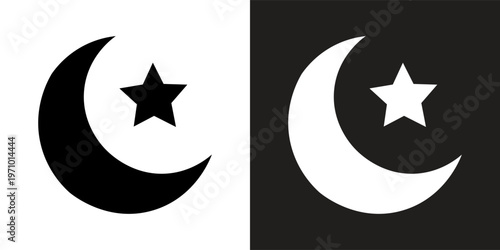 Islamic Symbol of Crescent Moon and Star in Black and White, Representing Culture, Religion, and Spirituality in Minimalist Design.