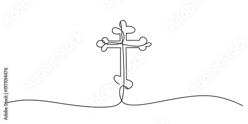 A minimalist single line drawing of an orthodox cross symbol set against a clean white background Vector, illustration