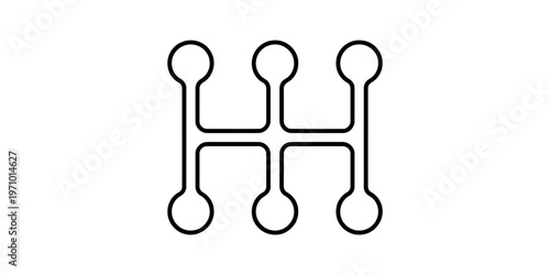 A minimalist black line icon representing a six speed manual transmission car gear shift pattern. Vector, illustration