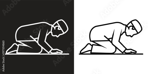 Minimalist Illustration of a Person in Sajda Prayer Pose, Black and White Line Art Representing Islamic Worship and Devotion.