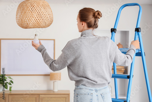 Young woman on stepladder s...