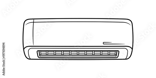 A simple black and white line drawing of a modern wall mounted indoor air conditioning unit device. Vector, illustration