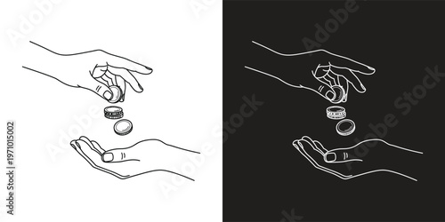 Illustration of hands giving and receiving coins, symbolizing charity and generosity in a minimalist black and white design.