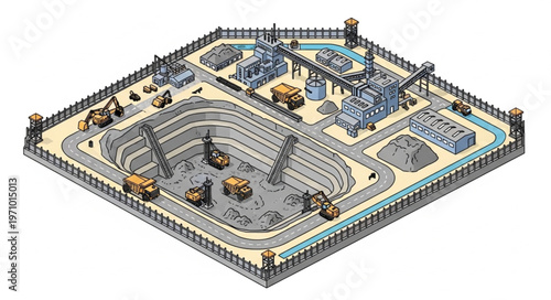 Isometric Illustration of a Large Open-Pit Mine and Processing Plant.