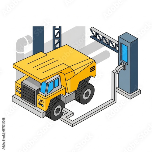 Isometric Illustration of a Mining Dump Truck Refueling at a Station.