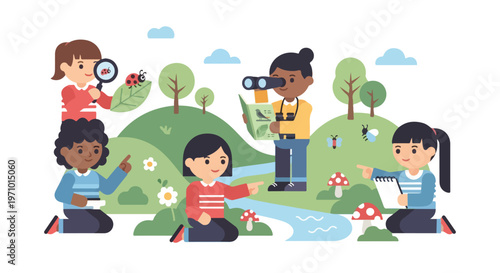 A group of curious children explore a vibrant natural landscape, observing insects, flowers, and a stream using binoculars and a magnifying glass.