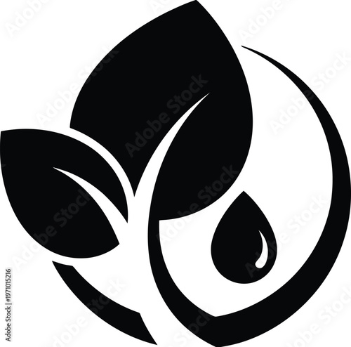 Abstract black leaf symbol with water drop and human figure isolated vector.