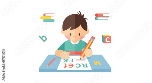 A cute young boy sits at his desk, happily practicing his writing with a pencil and paper surrounded by colorful books and educational letters.