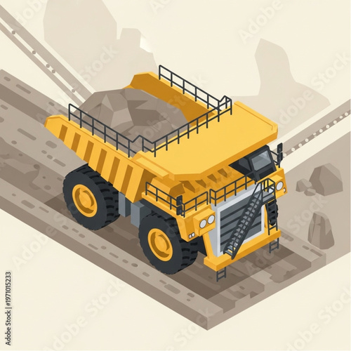 Isometric Illustration of a Yellow Mining Dump Truck Carrying Rocks.