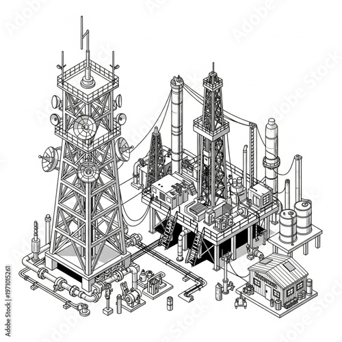 Isometric Illustration of an Industrial Complex with Towers and Structures.