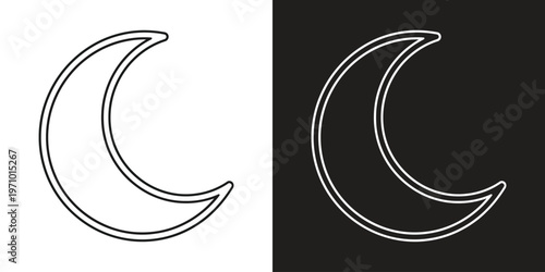 Minimalist Line Art Crescent Moon Icon, Black and White Vector Illustration, Isolated on White and Black Backgrounds