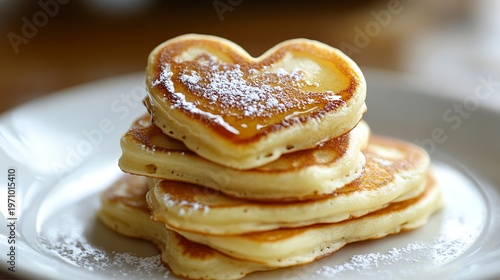Heart-shaped pancakes stack beautifully on a plate, glistening with warm syrup and a light dusting of powdered sugar. A cozy breakfast ready to please anyone