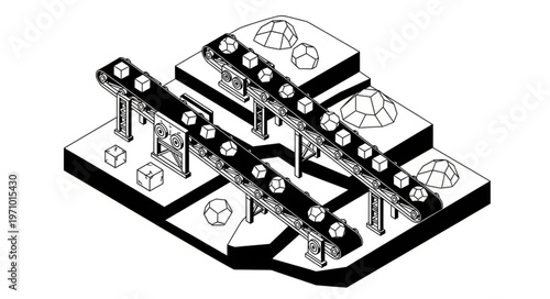 Isometric Illustration of a Complex Conveyor Belt System.