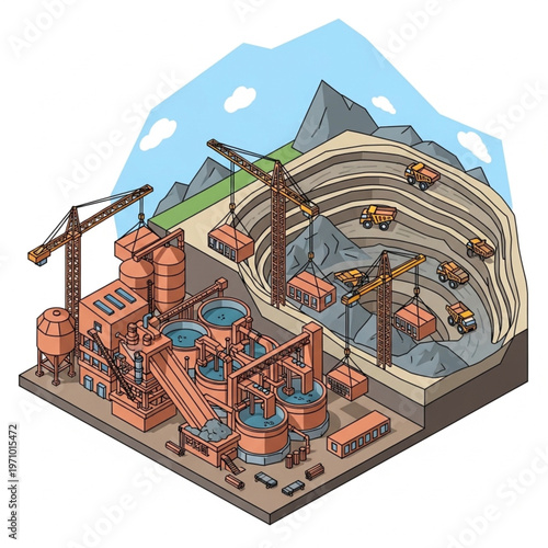Isometric Illustration of a Mining Operation with Processing Plant and Open Pit Mine.