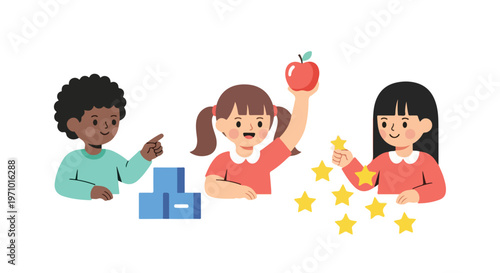 Three diverse children are happily playing together with colorful blocks, a red apple, and small yellow stars on a plain white background.