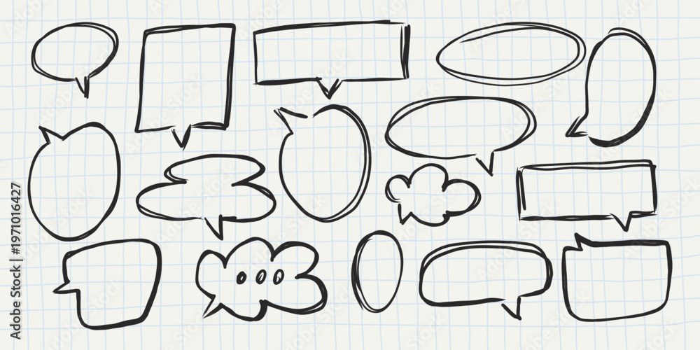 Fototapeta premium hand drawn speech bubble collection with doodle style chat shapes including cloud balloon comic textbox and dialog frames. abstract line art set