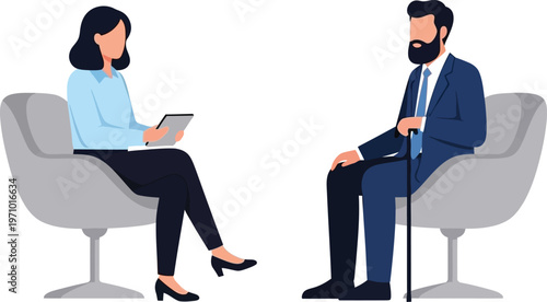 Business professionals in silhouette a man and woman engaged in a formal interview or discussion setting