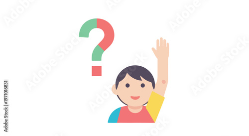 A cute cartoon boy with dark hair raising his hand with a green and red question mark floating beside him on a white background.