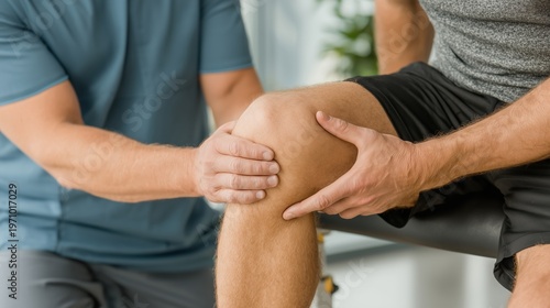 A young  man in a gray shirt receives physical therapy on his knee from a male therapist in a blue shirt. The setting is a bright rehabilitation clinic.