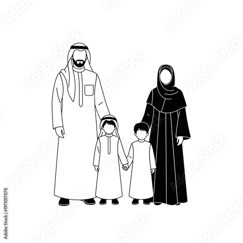 Arabian family in traditional clothing standing.