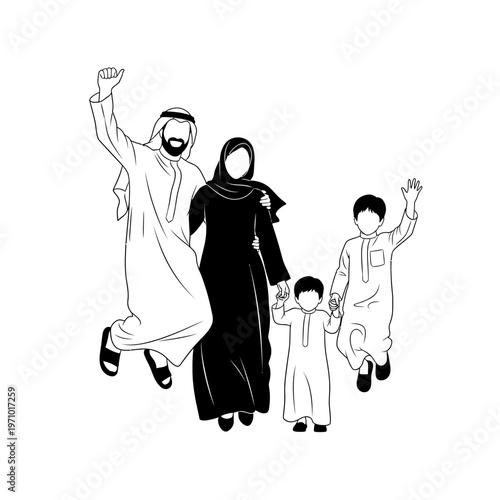 Arabic family in traditional clothing jumping.