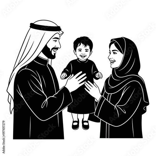 Arabian parents holding little child.