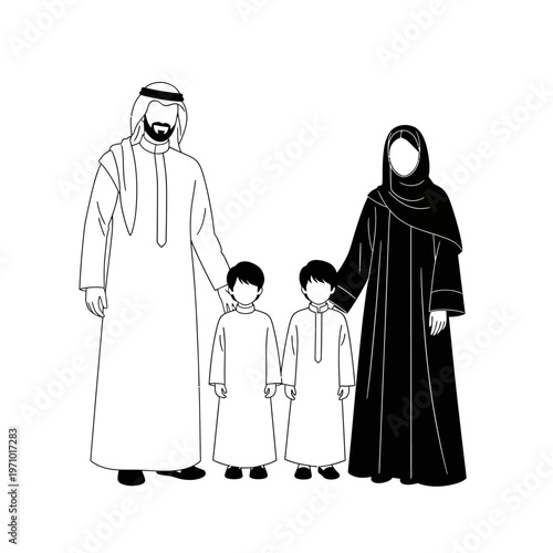 Arabian family in traditional clothing standing.