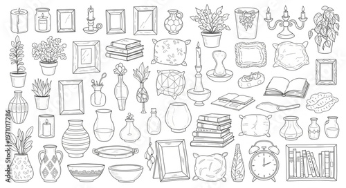 Collection of various sketched vases and decorative elements.