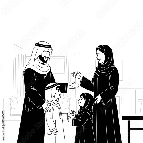 Arab family in traditional clothing.
