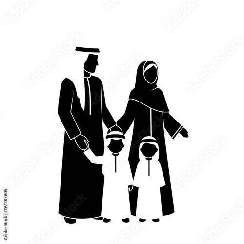 Muslim family in traditional clothing standing.