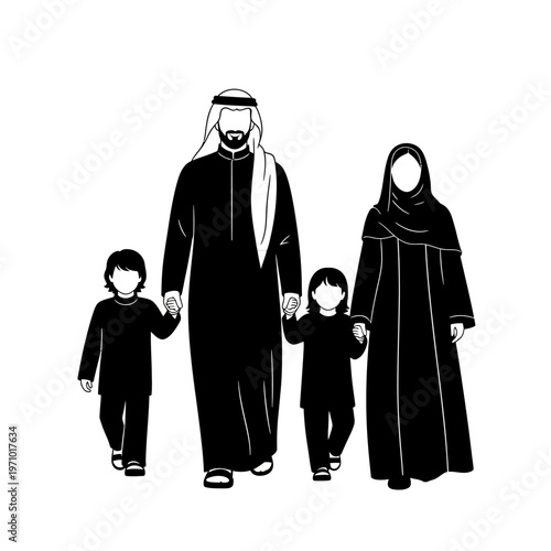 Arabian Family Walking Together Outdoors.