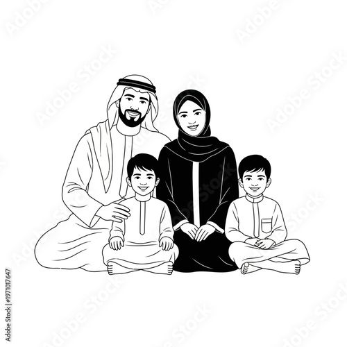 Arabian Family Wearing Traditional Clothing Together.