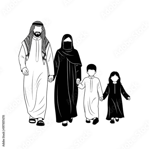 Muslim family walking together outside.