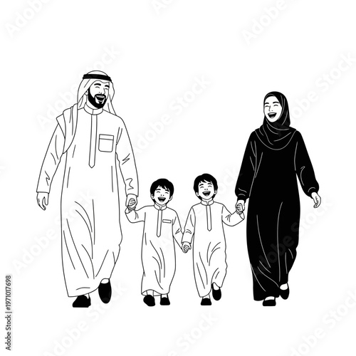 Arab family walking together outside happy.
